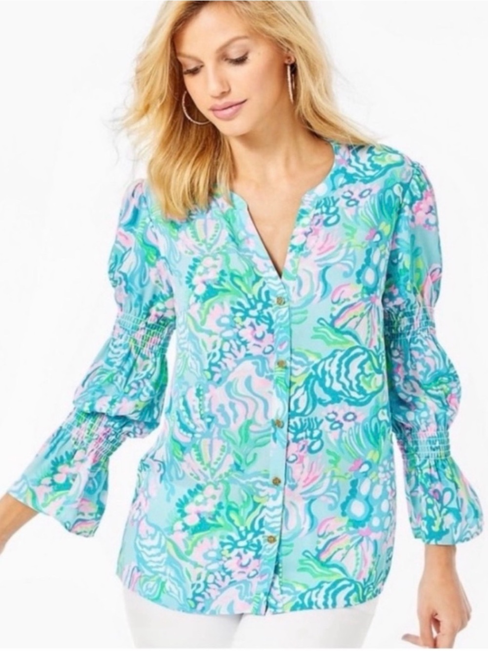 Lilly Pulitzer XS Maritza Button Down‎ Long Sleeve Top Multicolor Casual Blouse